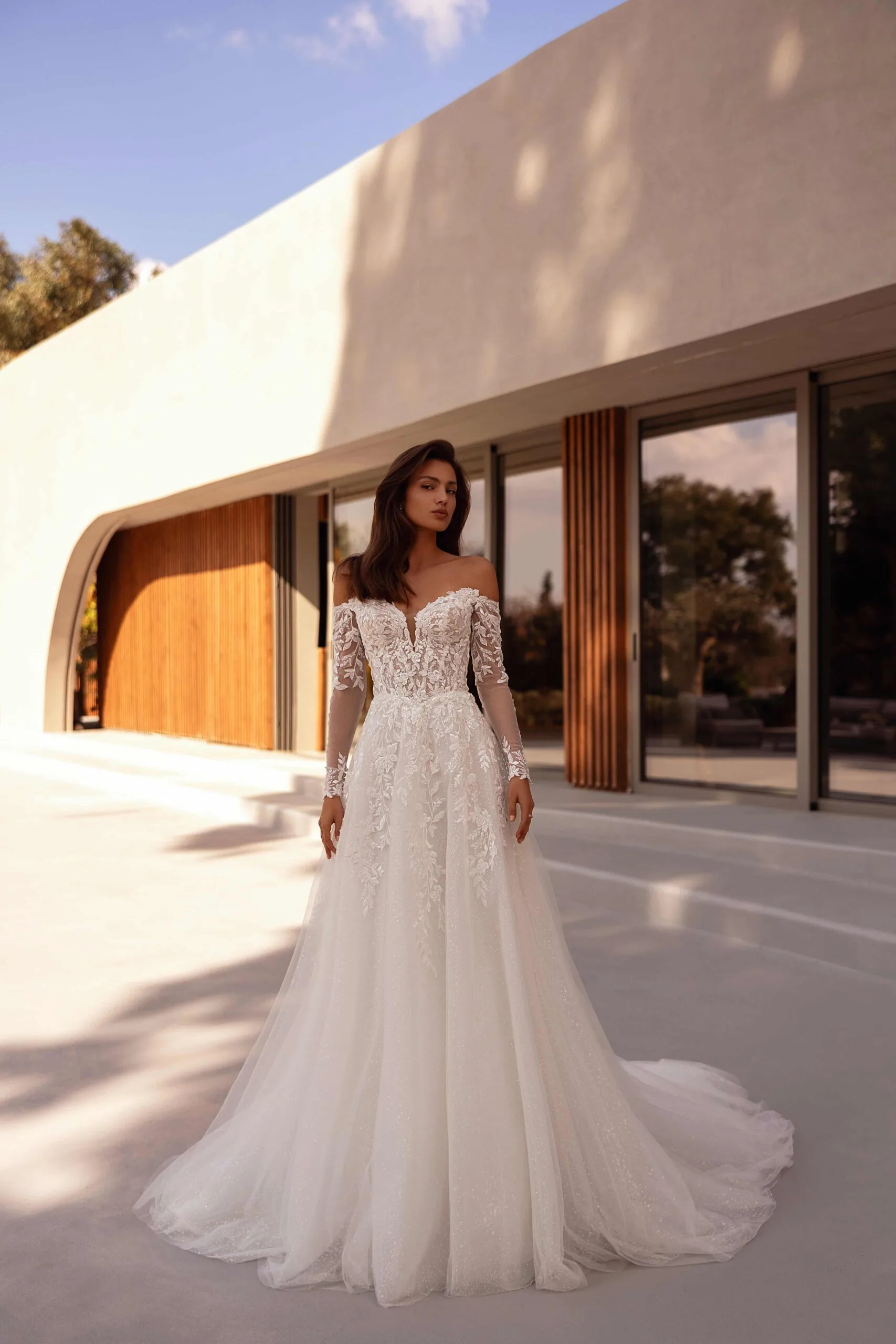 Булчинска рокля Style 1508 — А-силует — колекция Demetrios — дантела с мъниста, блестящ тюл | Арети София