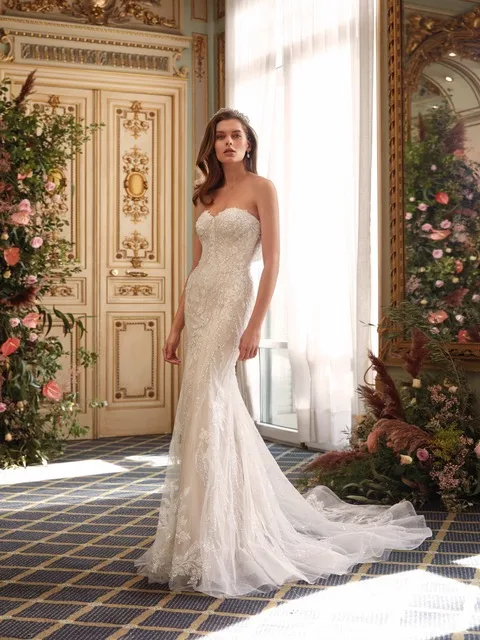 Булчинска рокля Style DP485 — Русалка — колекция Demetrios Platinum — мъниста, дантела, блестящ тюл | Арети София