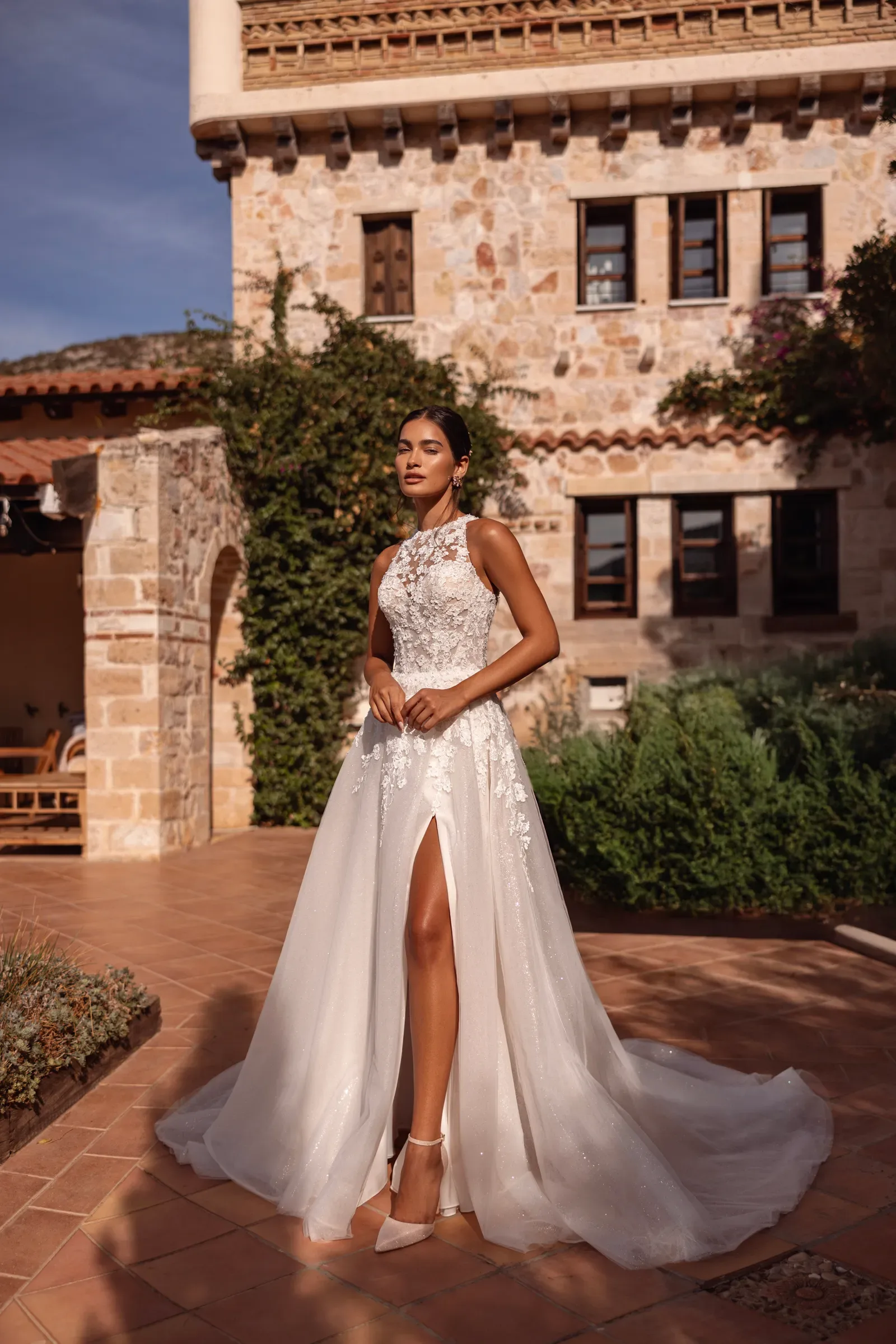 Wedding Dress Style 8315 — A-line — collection Cosmobella — beaded lace, sparkling tulle | Areti Sofia